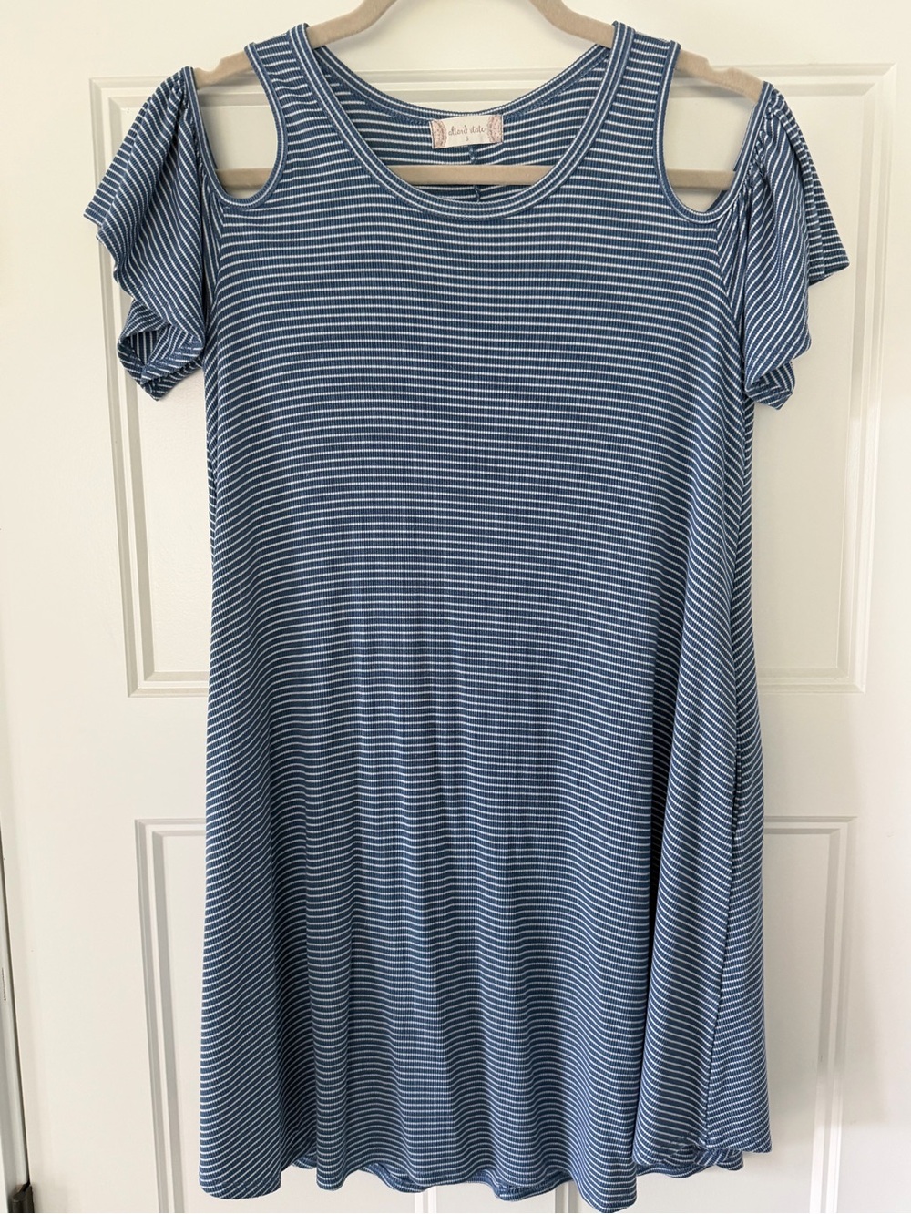 Altar’d State Blue & White Striped Open Shoulder Swing Dress